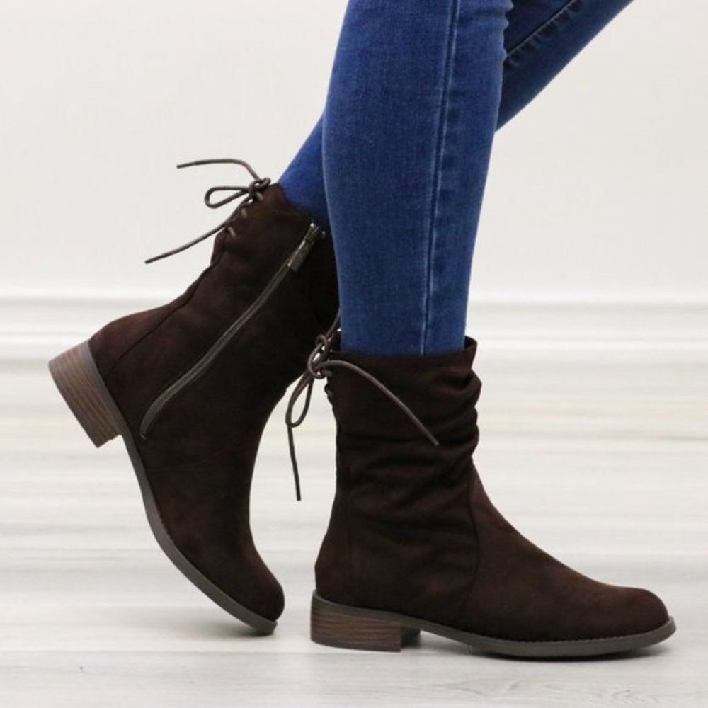 Brown Round Toe Suede Ankle Booties With Lace Back - Picture 14 of 15